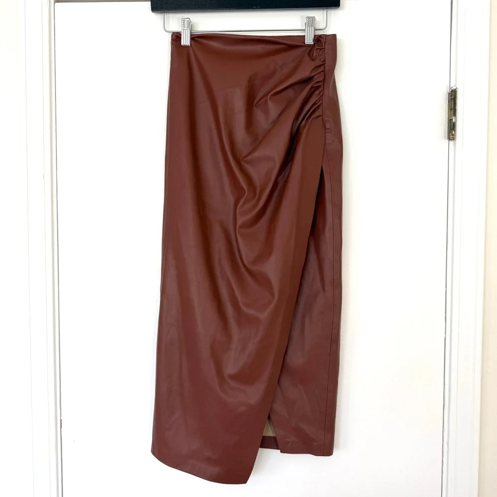 Jason Wu $270 Faux Leather Ruched Midi Skirt Cognac Brown‎ Size XS